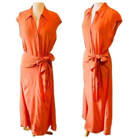 & Other Stories Salmon Orange Waist Knot Midi Dress in Viscose - Size Medium - Picture 6 of 9